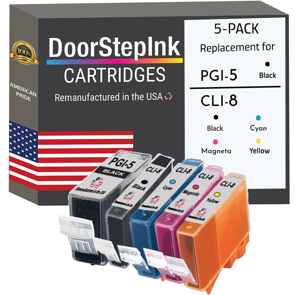 DoorStepInk Remanufactured in the USA Ink Cartridges for Canon PGI-5 Black / CLI-8 Black, Colors 5-Pack